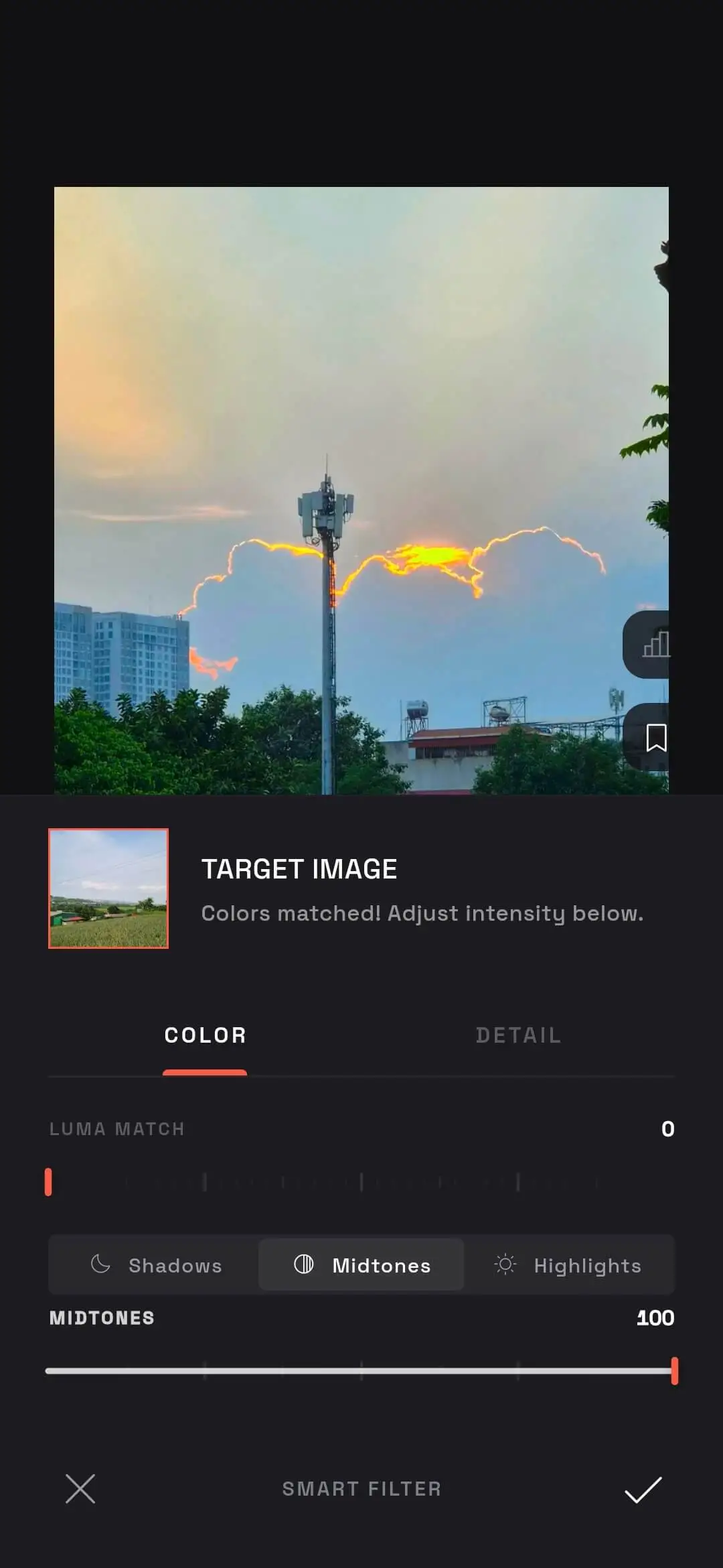 The color grade from the target photo is applied to your active photo