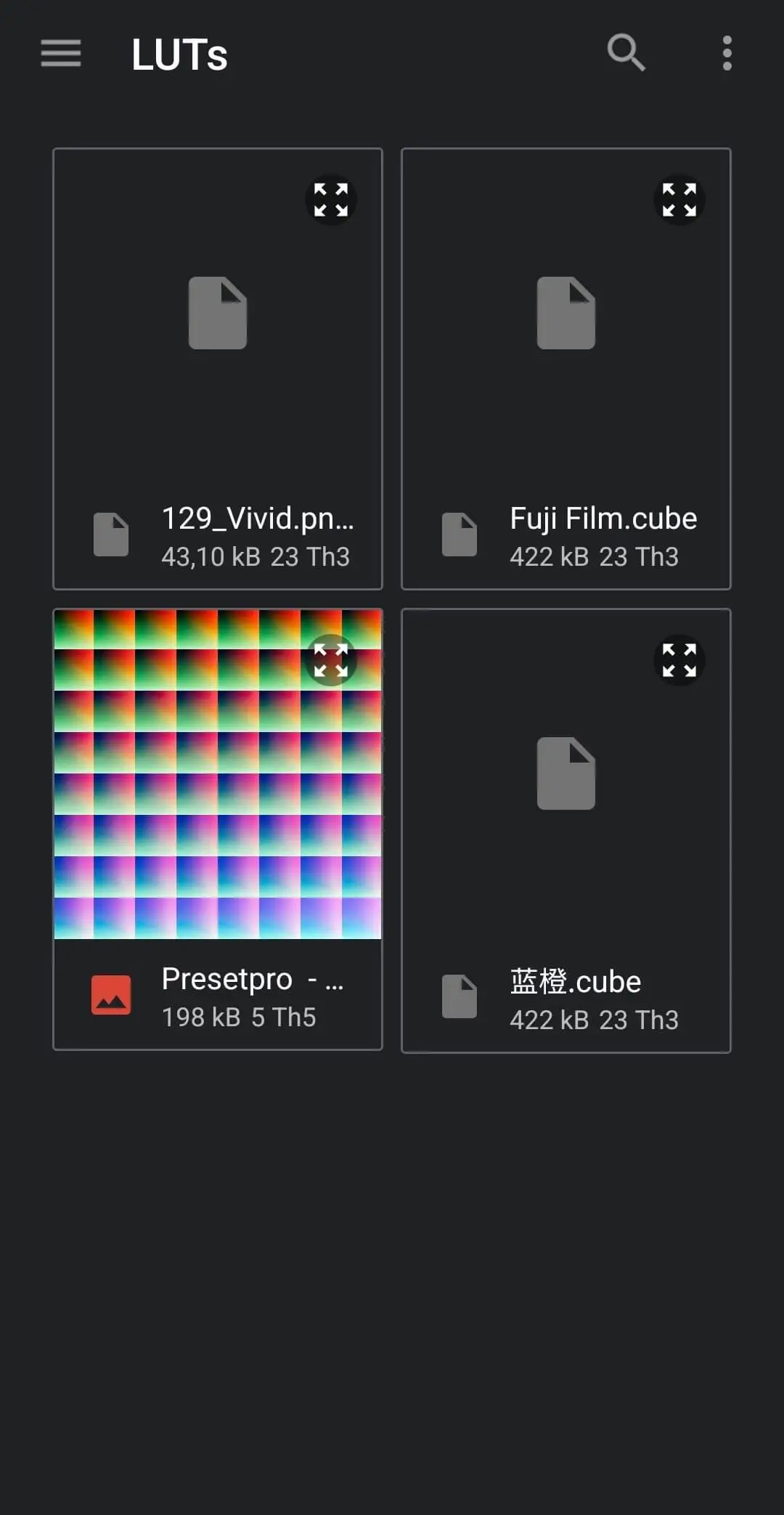 Select a LUT file with a .cube or .png extension from your storage